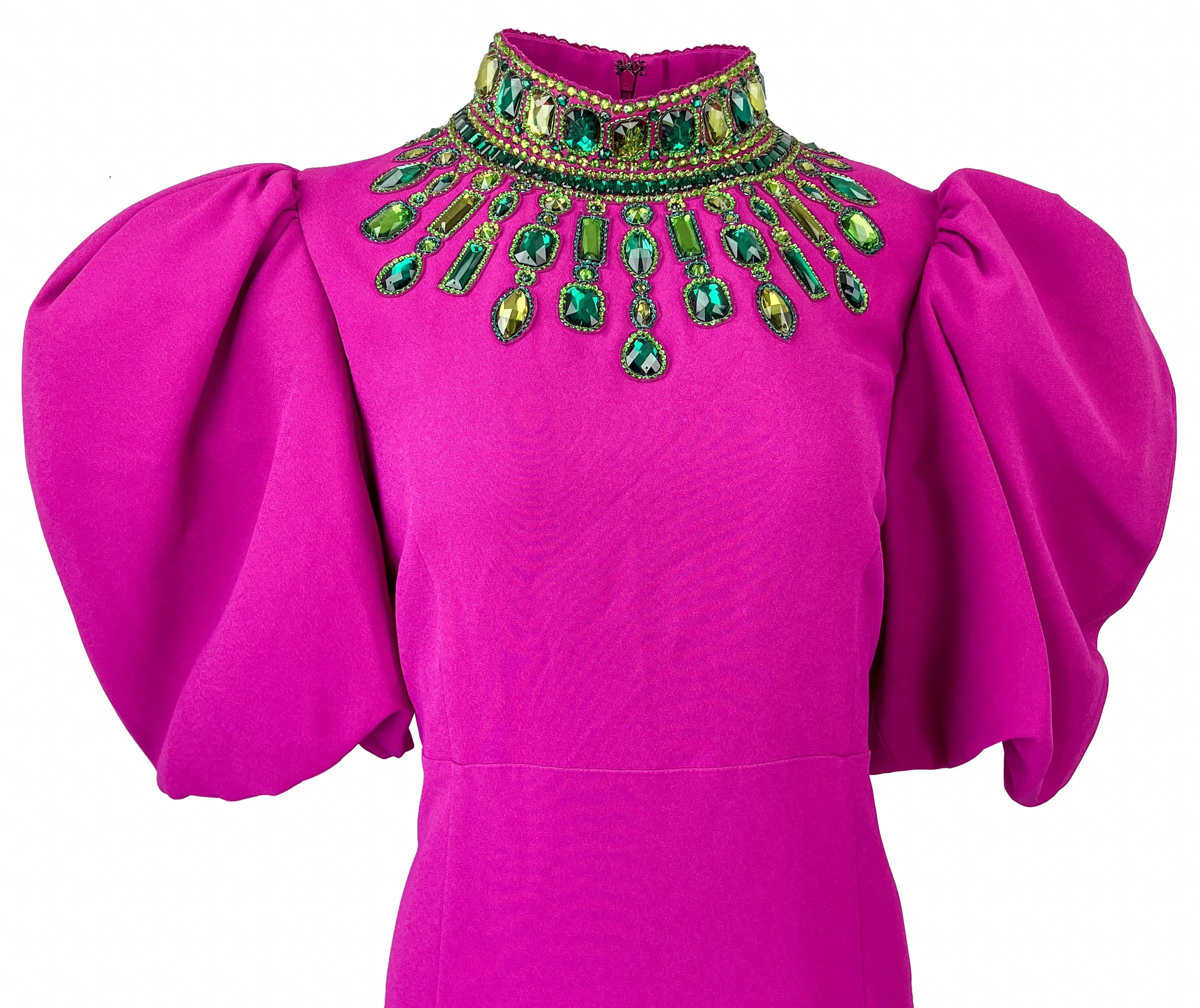 Andrew GN Crystal Embellished Gown in Magenta/Green