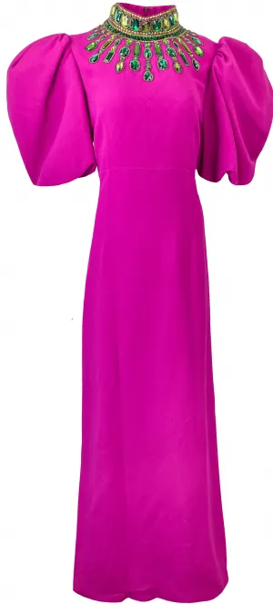 Andrew GN Crystal Embellished Gown in Magenta/Green