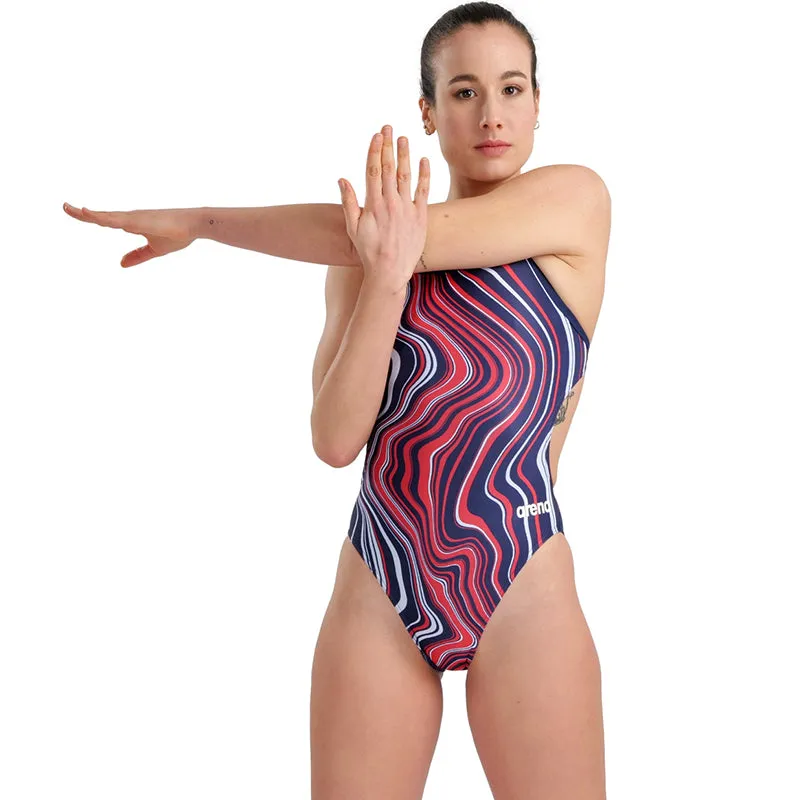 Arena - Marbled Challenge Back Ladies Swimsuit - Navy/Red/Multi