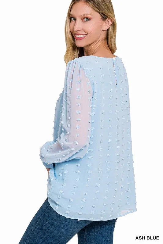 Ash Blue Swiss Dot Round Neck Blouse