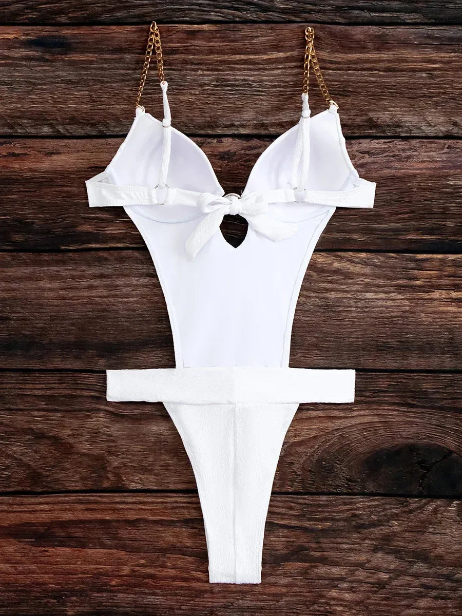 Belted High-Cut One-Piece Push-Up Bathing Suit for Women