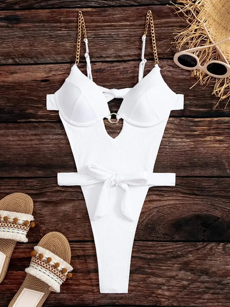 Belted High-Cut One-Piece Push-Up Bathing Suit for Women