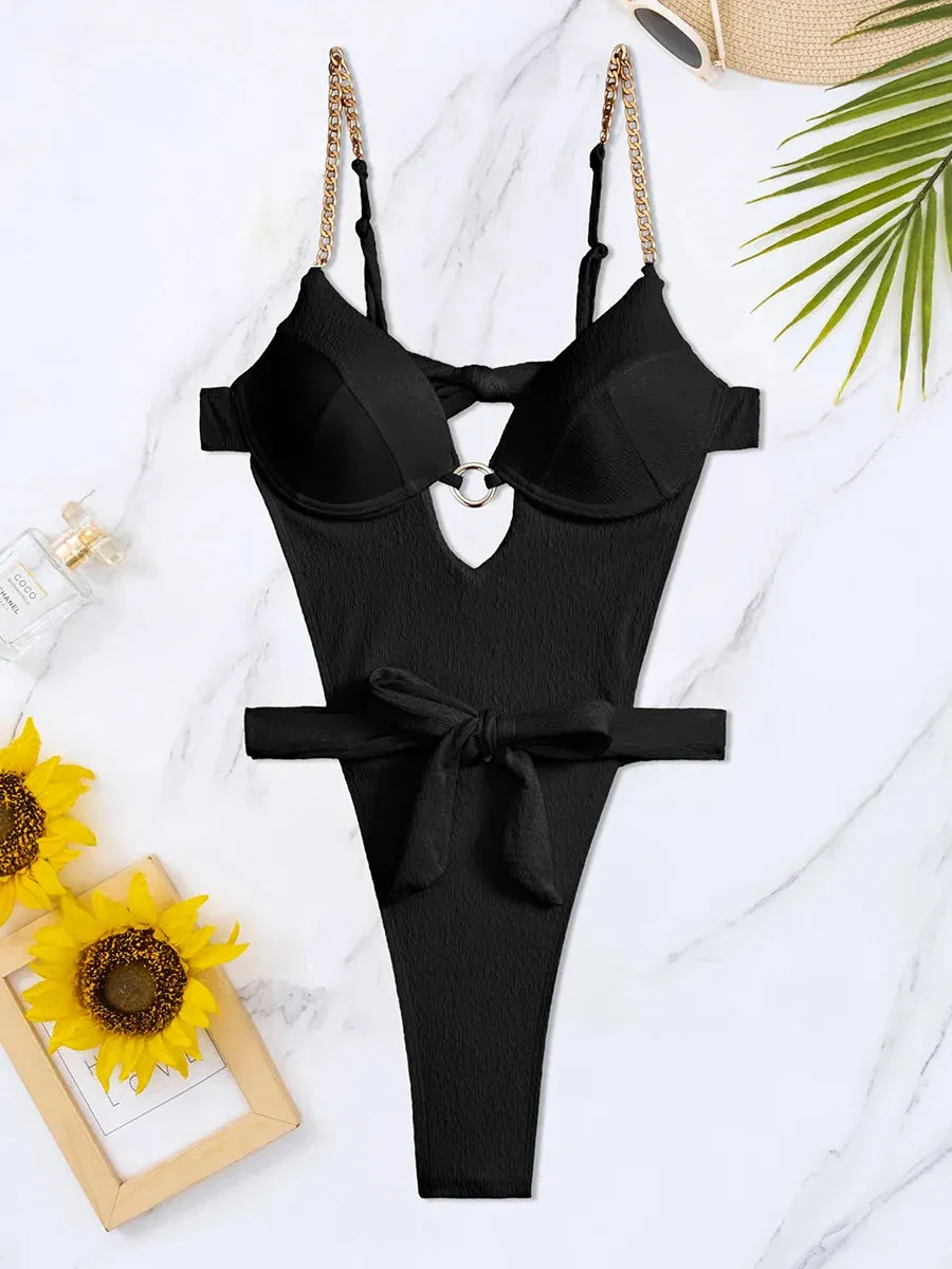 Belted High-Cut One-Piece Push-Up Bathing Suit for Women