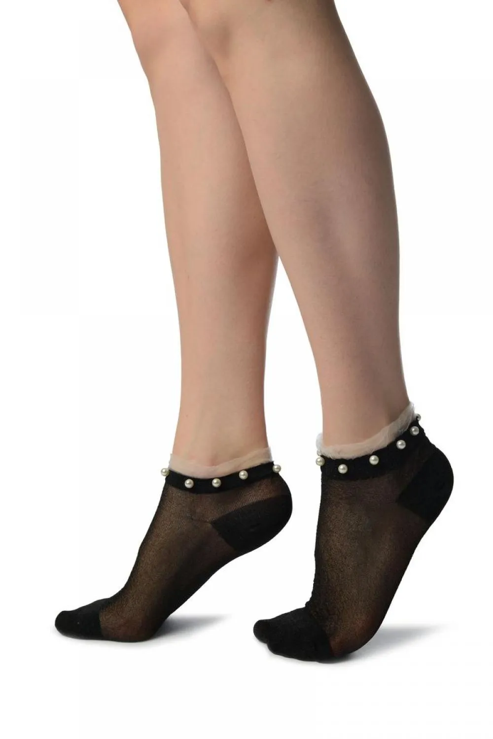 Black With Black Lurex, Pearls & Frills Top Footsies Socks