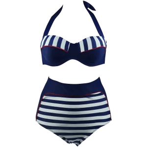 Cocoship Retro Navy Blue Stripe Black Polka Dot High Waist Bikini Swimsuit