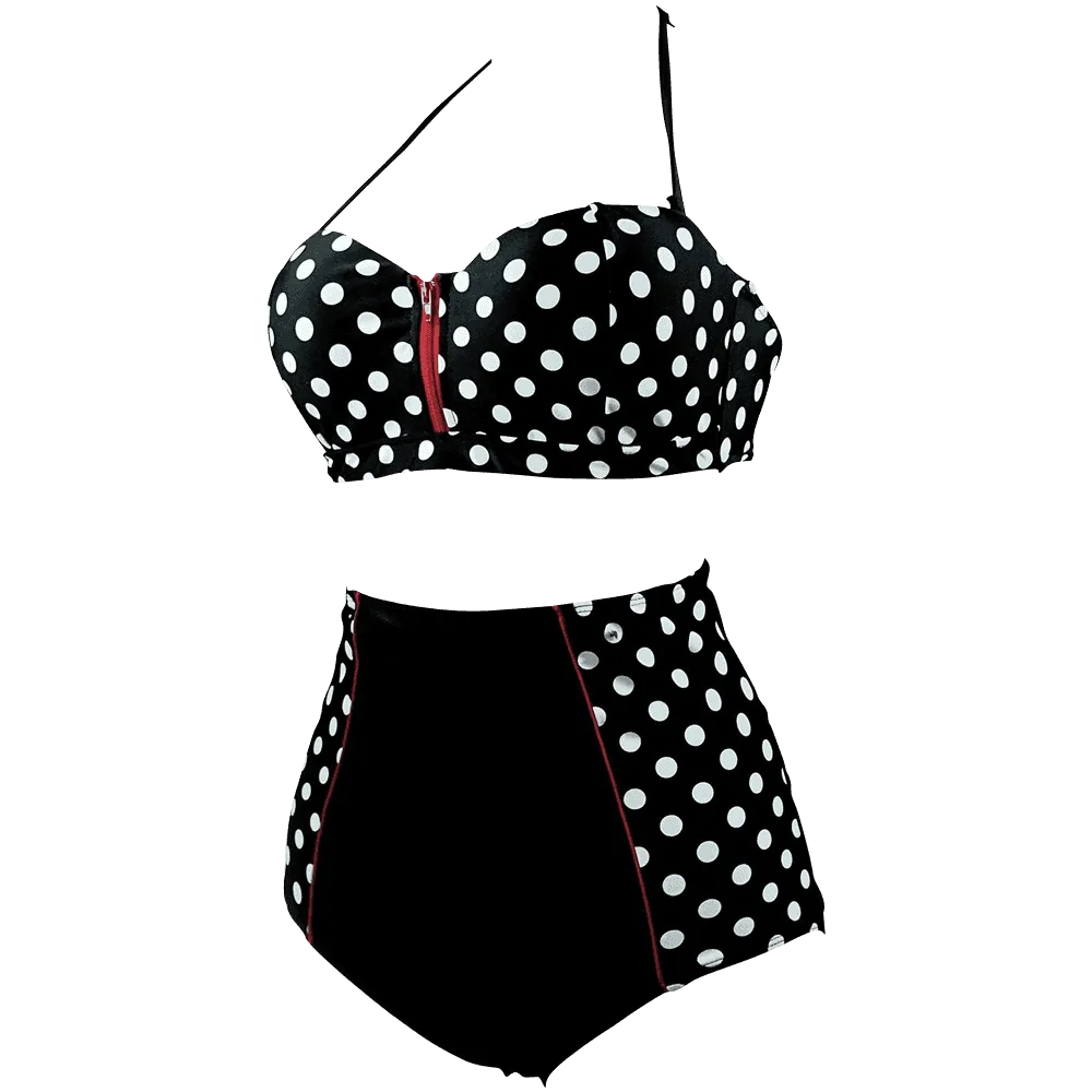Cocoship Retro Navy Blue Stripe Black Polka Dot High Waist Bikini Swimsuit