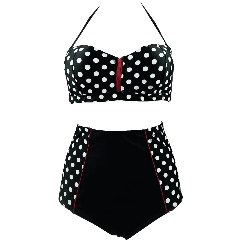 Cocoship Retro Navy Blue Stripe Black Polka Dot High Waist Bikini Swimsuit