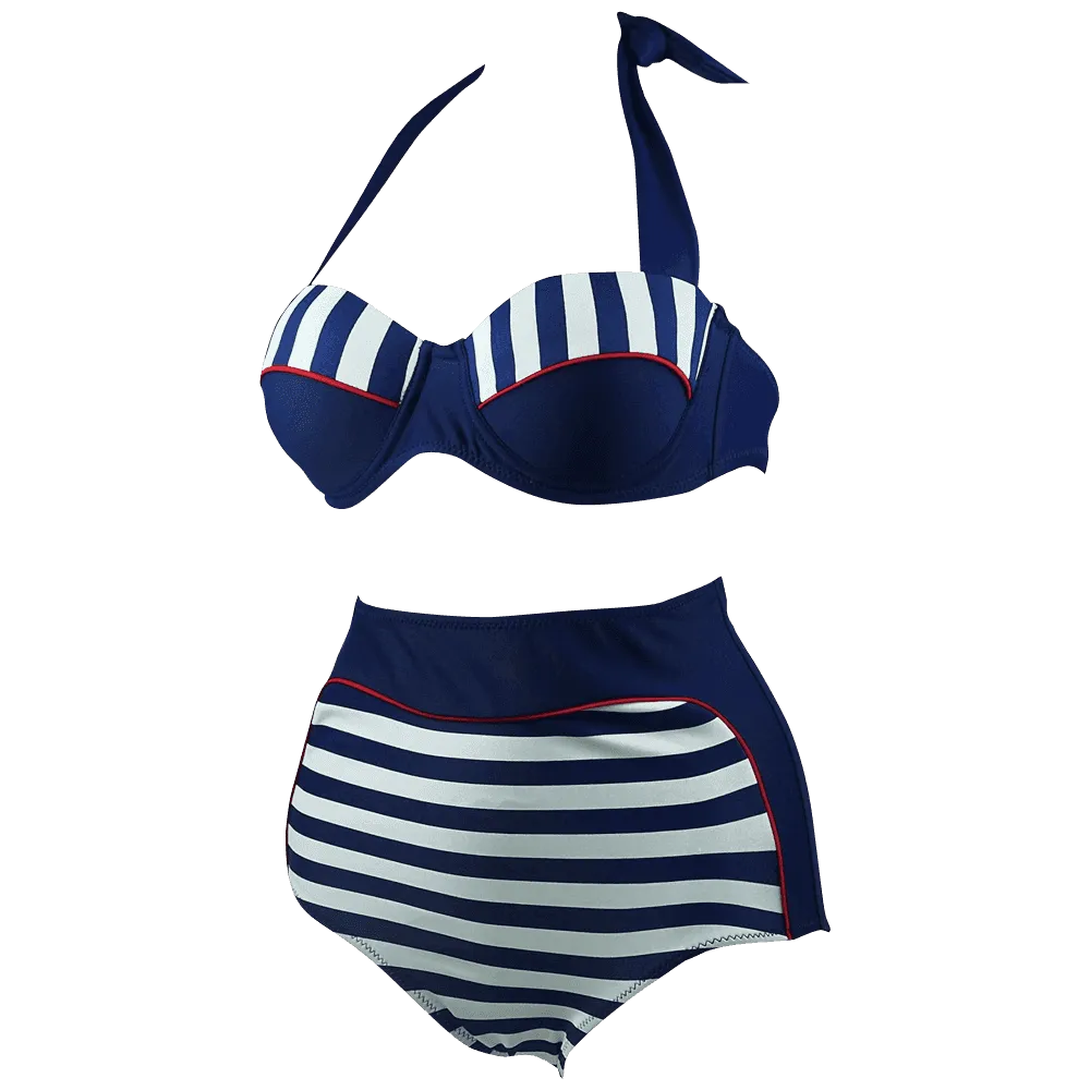 Cocoship Retro Navy Blue Stripe Black Polka Dot High Waist Bikini Swimsuit