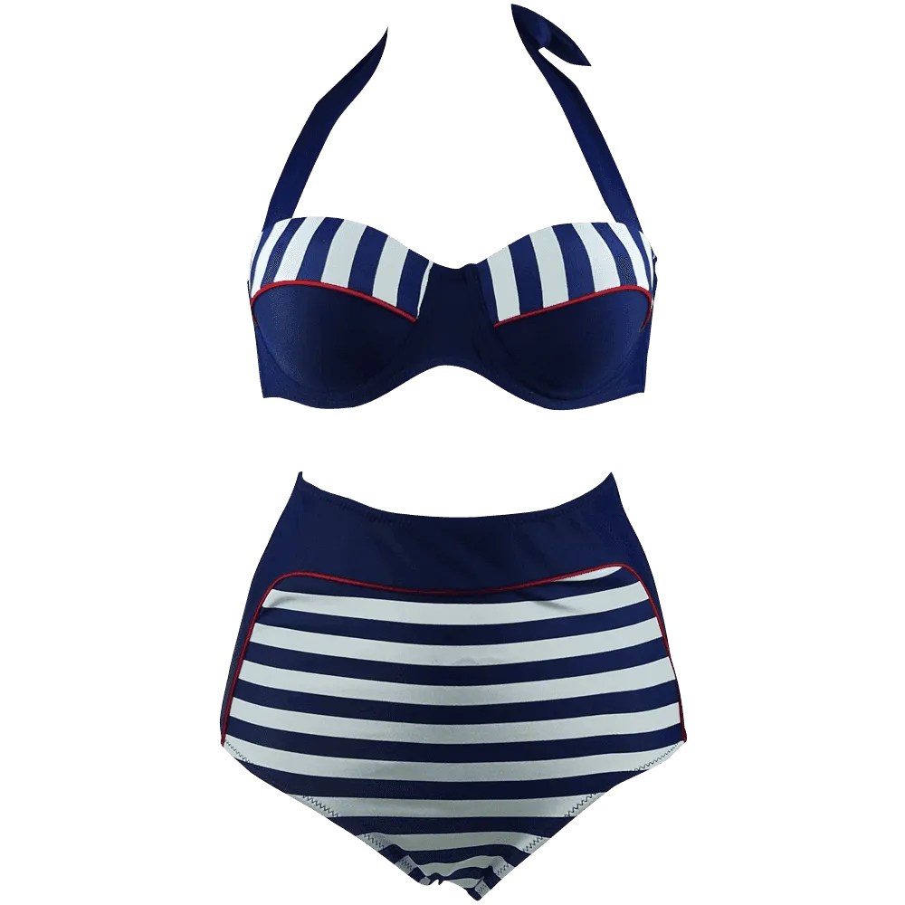 Cocoship Retro Navy Blue Stripe Black Polka Dot High Waist Bikini Swimsuit