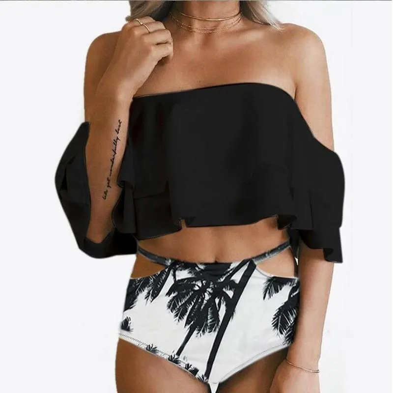 Cold Shoulder Off Shoulder High Waist Tankinis