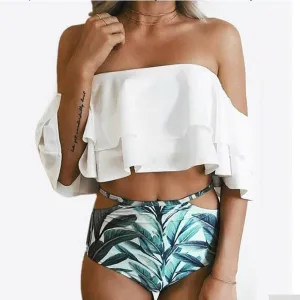 Cold Shoulder Off Shoulder High Waist Tankinis
