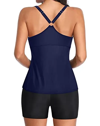Criss Cross Detail Two Piece Tankini Bathing Suits For Women-Navy Blue