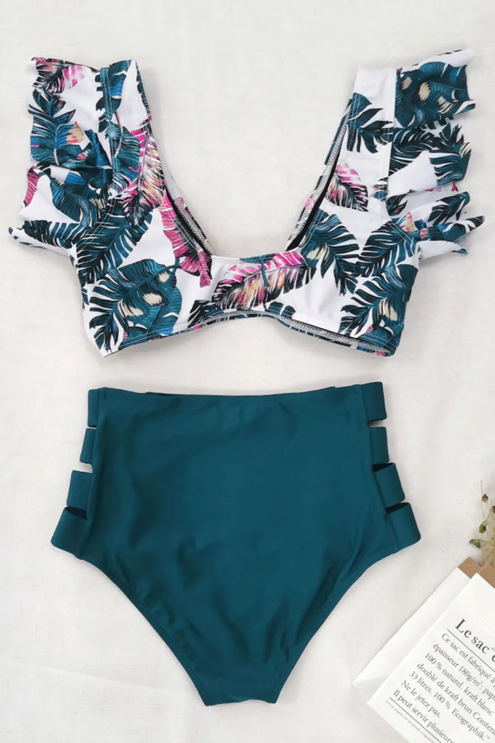 Floral Print Front Tie High Waist Bikini Swimsuit with Ruffles