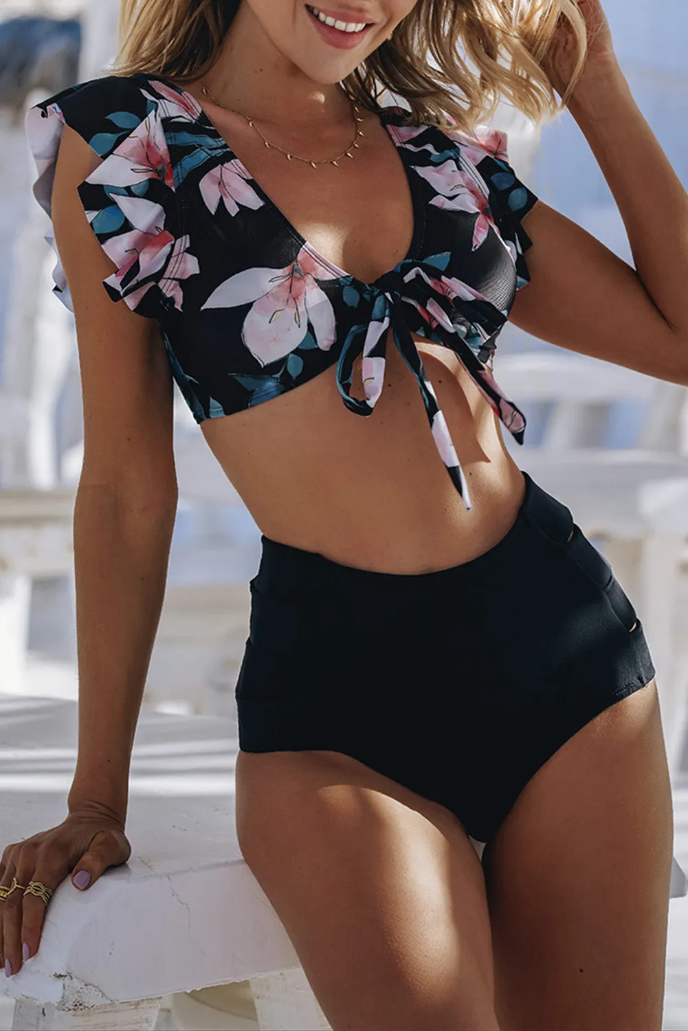 Floral Print Front Tie High Waist Bikini Swimsuit with Ruffles