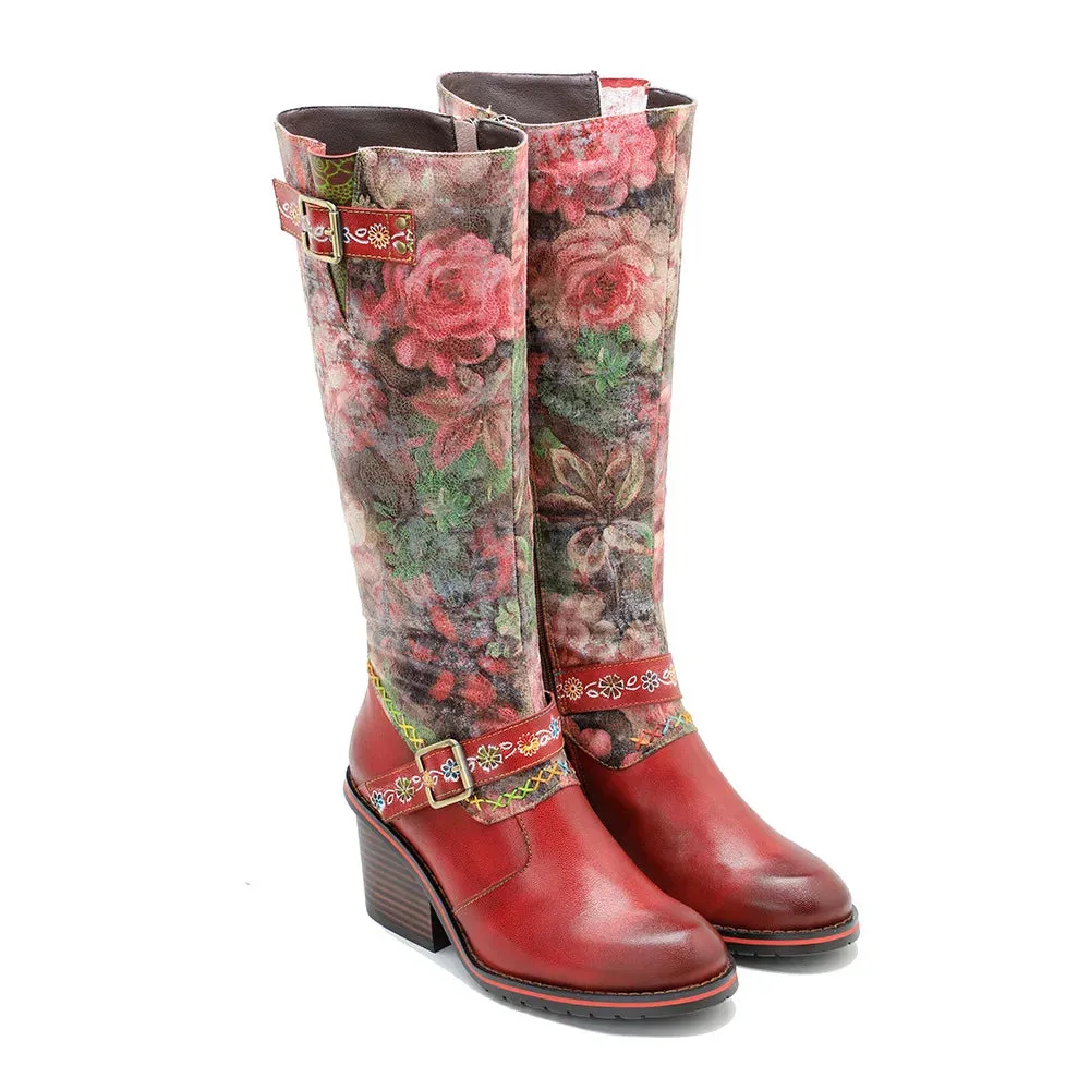 Genuine Leather Floral Printed Belt Buckle Long Boots