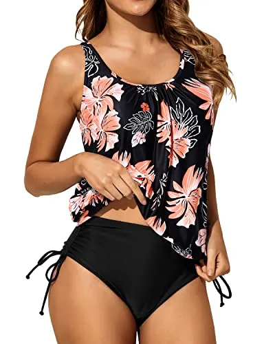Loose Tankini Top With Shorts For Women Tummy Control Two Piece Swimsuits-Black Orange Floral
