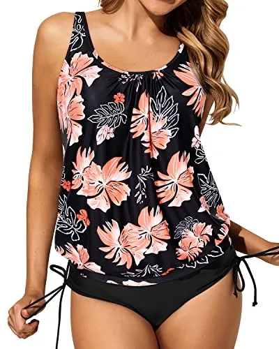 Loose Tankini Top With Shorts For Women Tummy Control Two Piece Swimsuits-Black Orange Floral