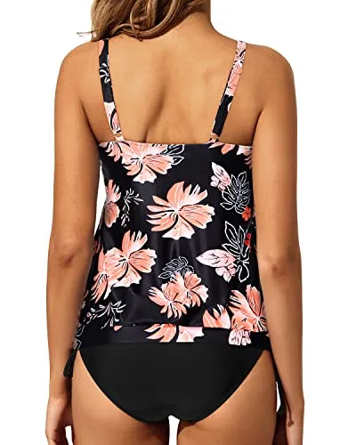 Loose Tankini Top With Shorts For Women Tummy Control Two Piece Swimsuits-Black Orange Floral
