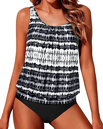 Modest Two Piece Blouson Tankini Bathing Suits For Women-Black And White Tribal