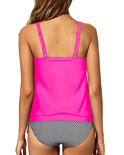 Modest Two Piece Blouson Tankini Swimsuits For Women-Hot Pink Stripe