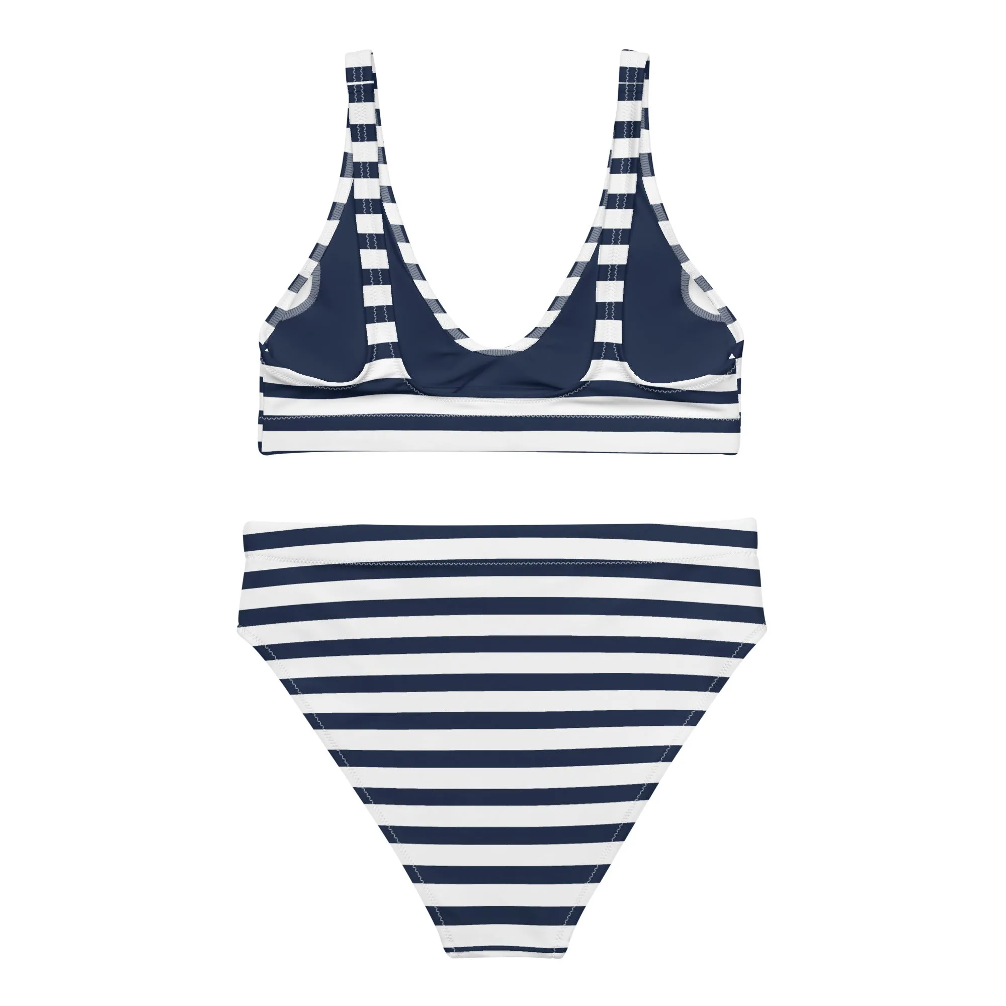 Navy Blue and White Beach Stripes High Waisted Bikini