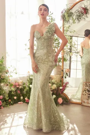 ONE SHOULDER FULLY BEADED FLORAL MOTIF GOWN CDA1392