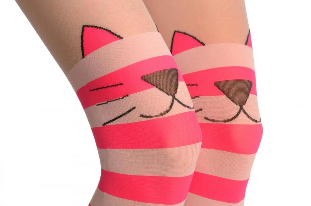 Pink & White Stripes With Over The Knee Cute Cat