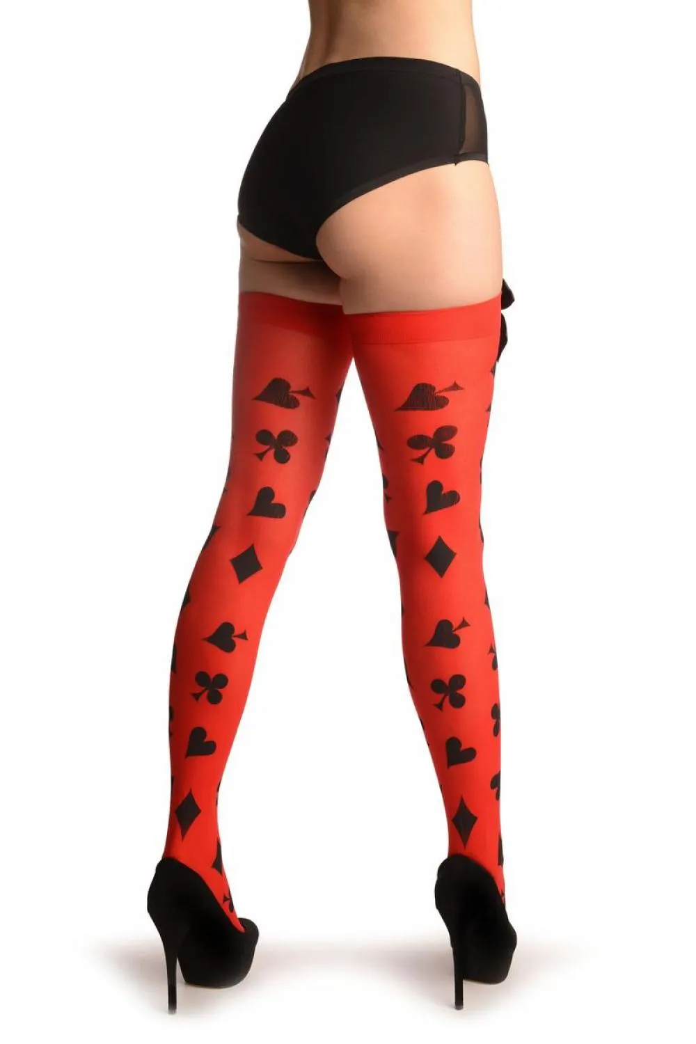 Red With Playing Card Suit Print & Black Satin Bow