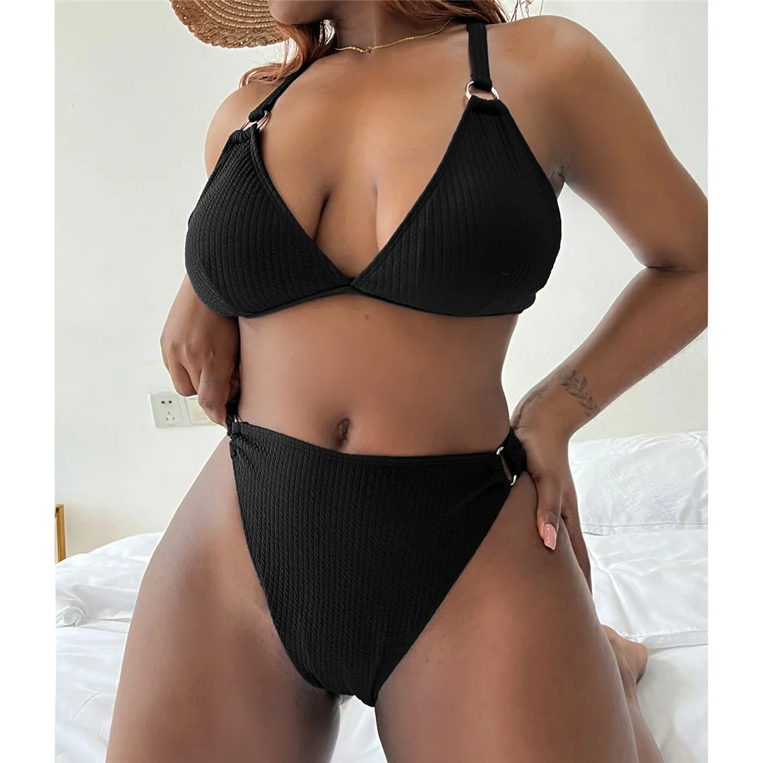 Ribbed Bikini Large Size Swimwear Plus Size Women Swimsuit Female Two-piece Bikini set Bather Bathing Suit Swim V3996D