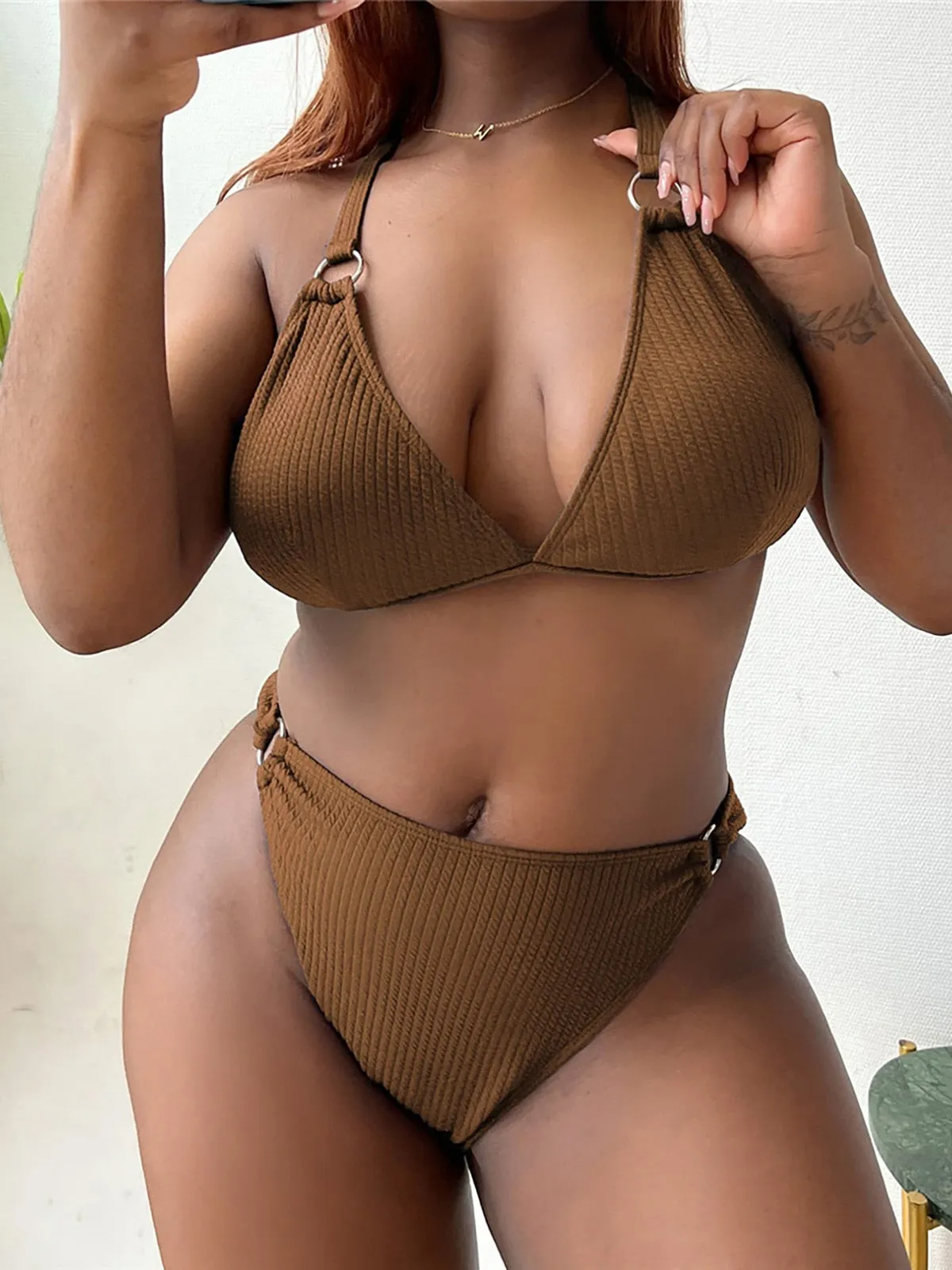 Ribbed Bikini Large Size Swimwear Plus Size Women Swimsuit Female Two-piece Bikini set Bather Bathing Suit Swim V3996D