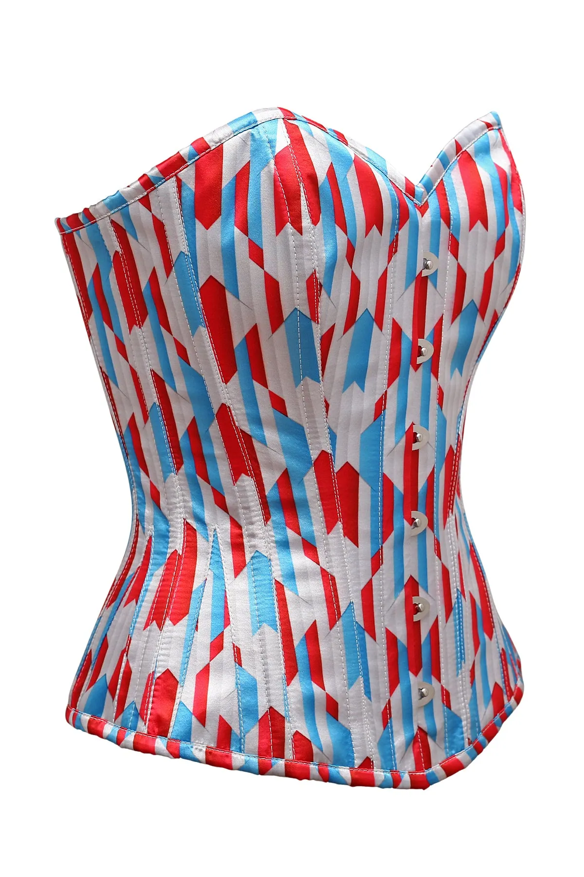 Rylee Red White Blue Zig Zag Print Satin Overbust Corset