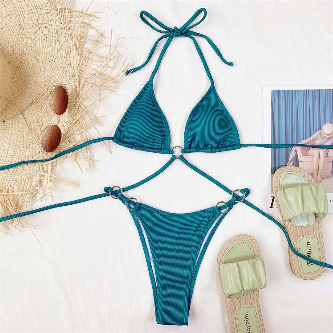 Sexy Halter Ribbed Bikini Women Swimwear Female Swimsuit Two-pieces Bikini set High Leg Cut Bather Bathing Suit Swim Lady V2917