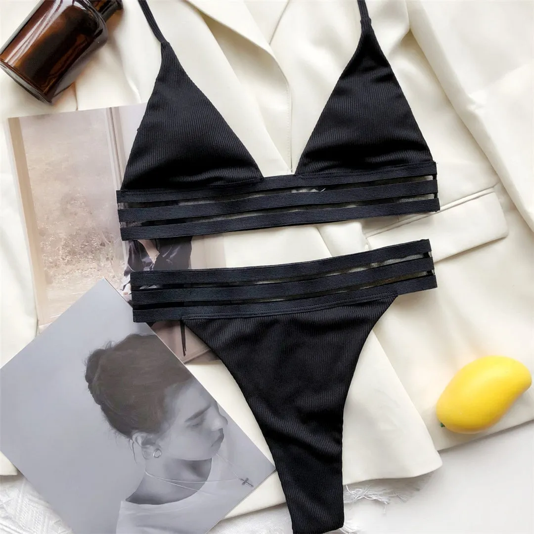 Sexy Halter Ribbed Female Swimsuit High Waist Bikini Women Swimwear Two-pieces Bikini set Bather Bathing Suit Swim V3064