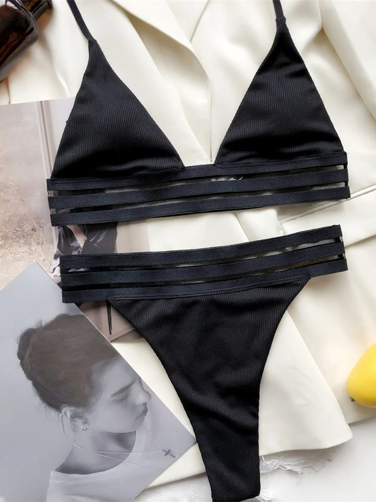 Sexy Halter Ribbed Female Swimsuit High Waist Bikini Women Swimwear Two-pieces Bikini set Bather Bathing Suit Swim V3064