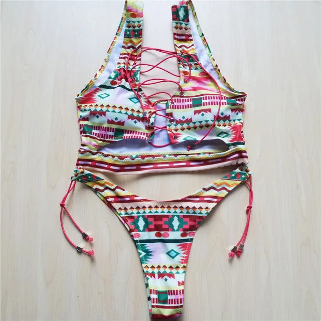 Sexy Lace Up Printed Thong Bikini