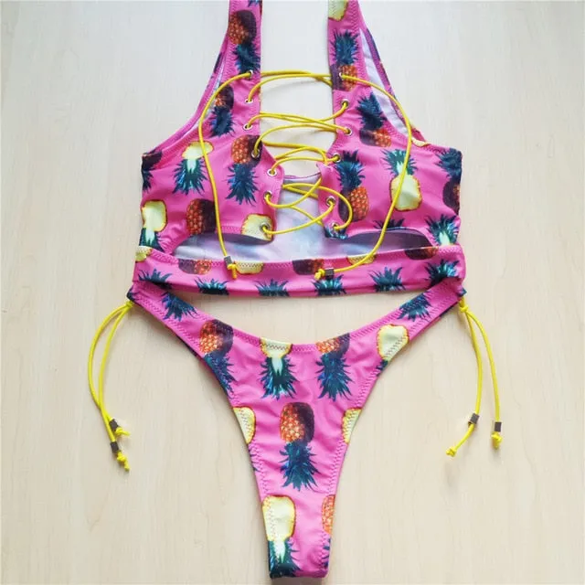Sexy Lace Up Printed Thong Bikini