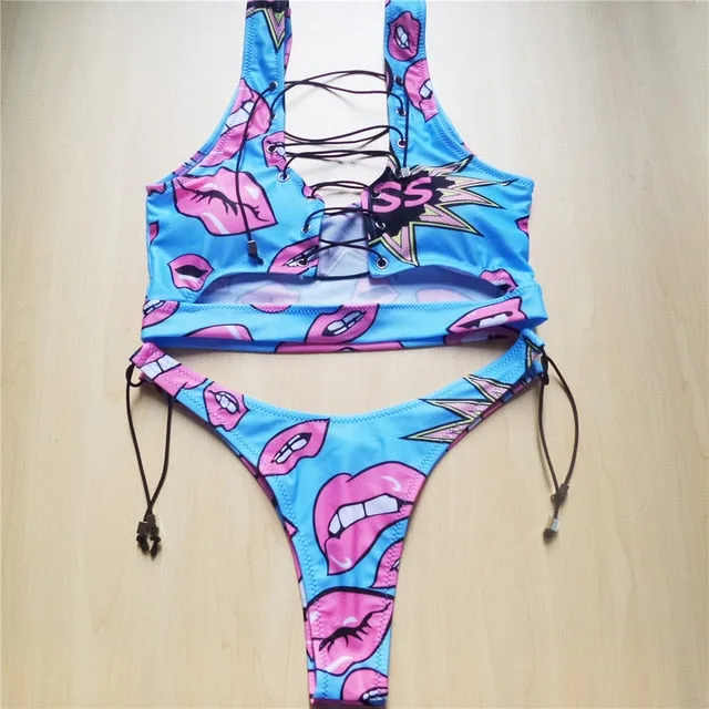 Sexy Lace Up Printed Thong Bikini