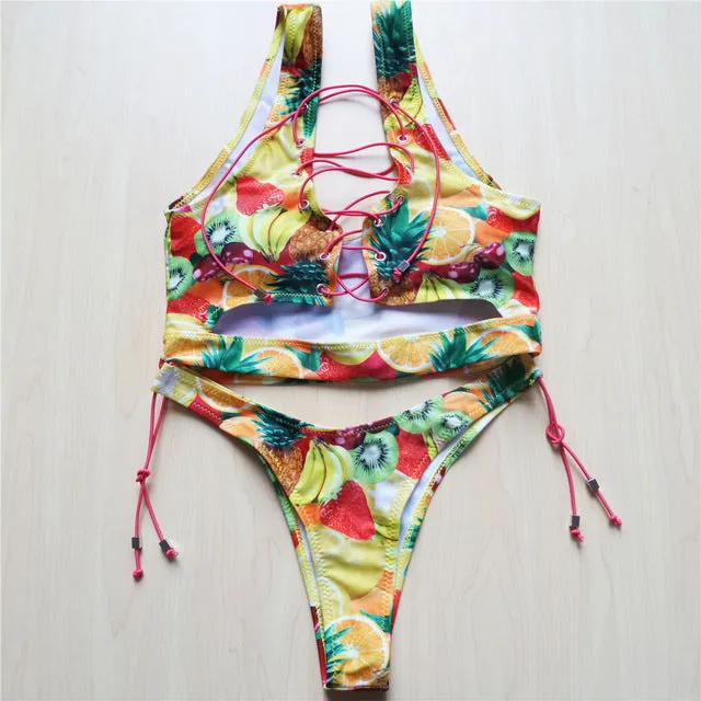 Sexy Lace Up Printed Thong Bikini