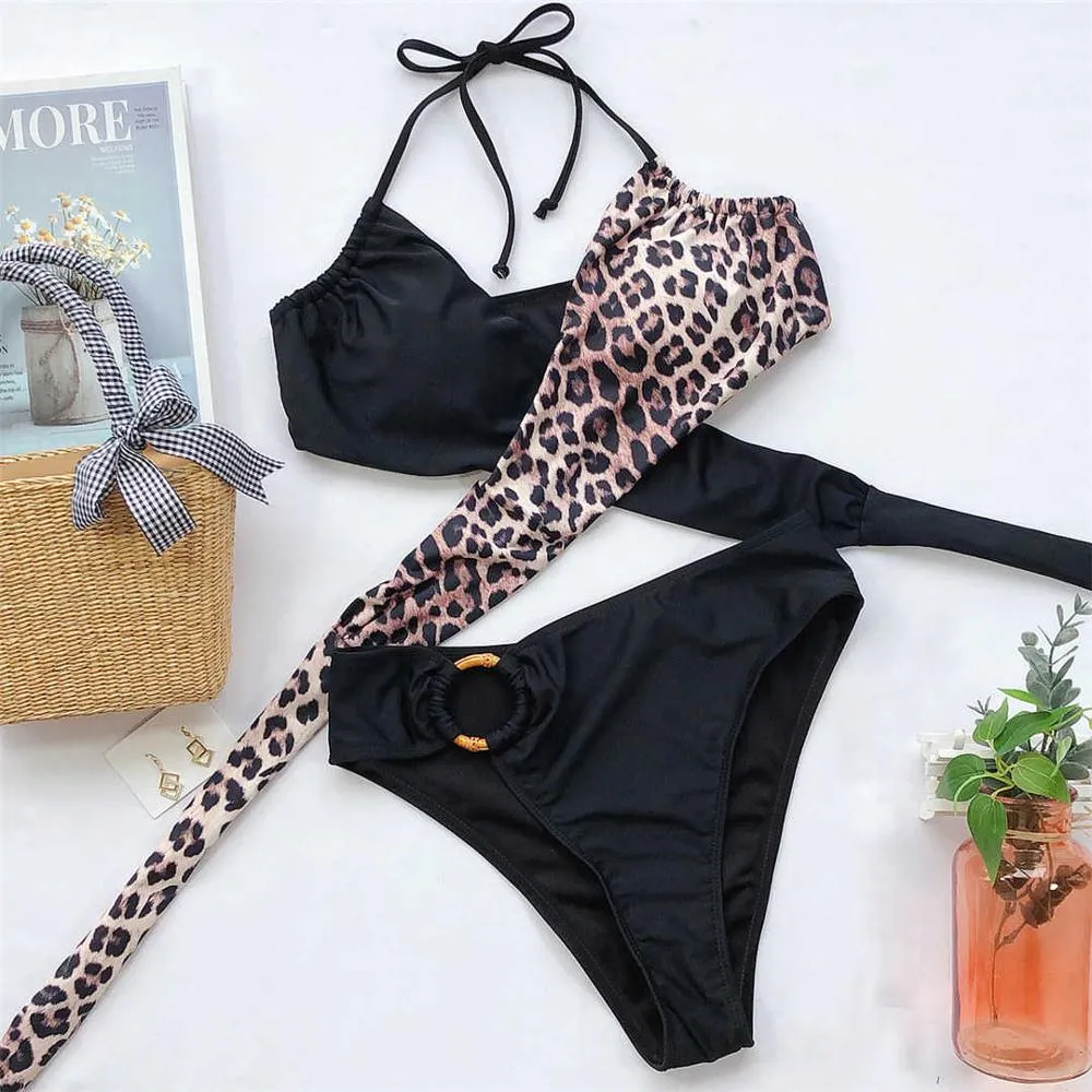 Sexy Mid Waist Splicing Leopard Bikini Female Swimsuit Women Swimwear Two-pieces Bikini set Bather Bathing Suit Swim Lady V2148