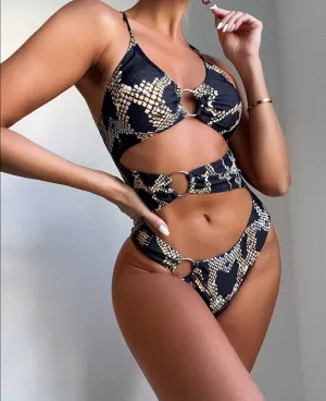 Sexy Printed Tummy Cut Out One Piece Swimsuit Women Swimwear Female Metel Rings Padded Bather Bathing Suit Swim Lady V2883