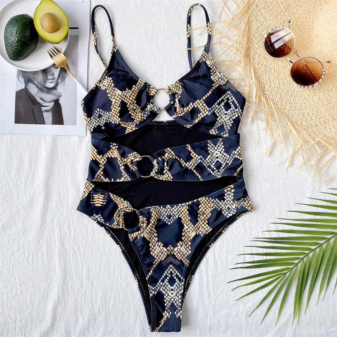 Sexy Printed Tummy Cut Out One Piece Swimsuit Women Swimwear Female Metel Rings Padded Bather Bathing Suit Swim Lady V2883