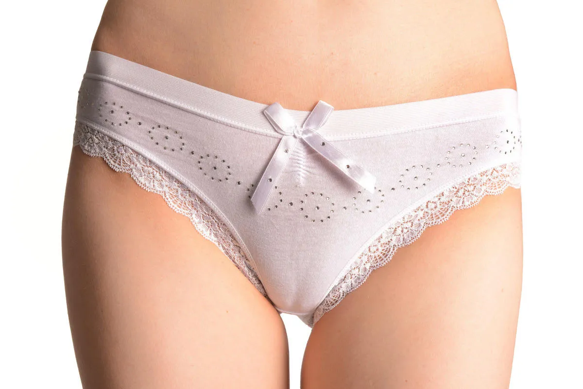 Soft Cotton With Crystal Circles White High Leg Brazilian