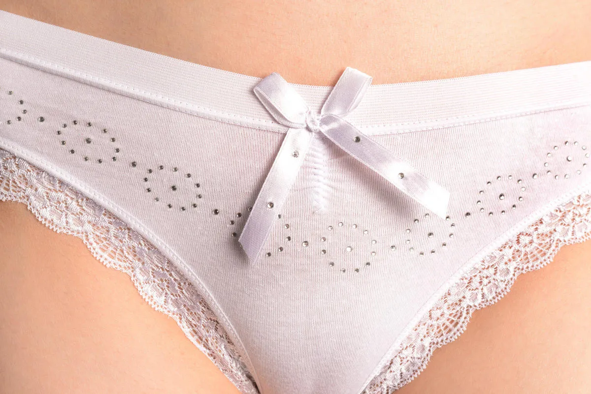 Soft Cotton With Crystal Circles White High Leg Brazilian