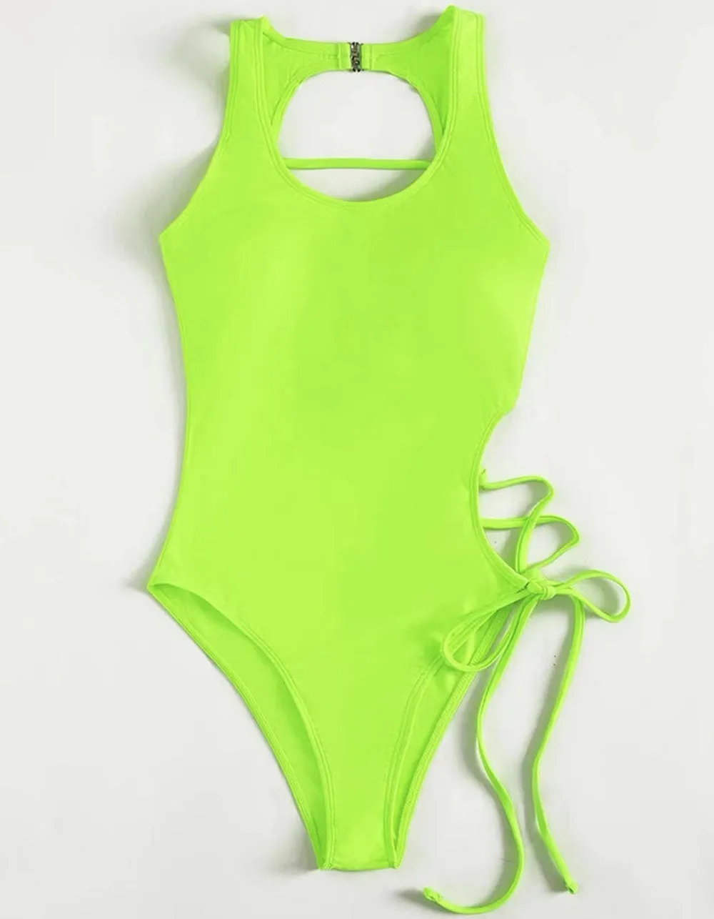 Solid-color Strap Backless Cut Out One-piece Bikini Swimwear