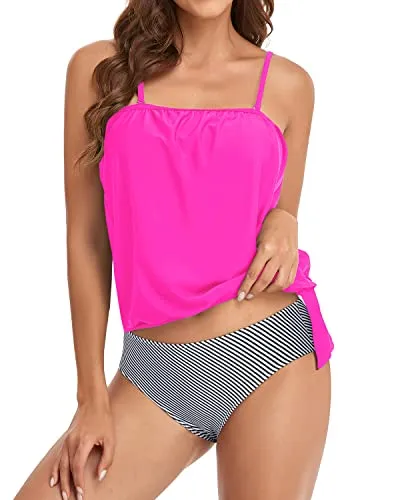 Straight Neckline Bandeau Tankini For Modest Coverage-Hot Pink Stripe
