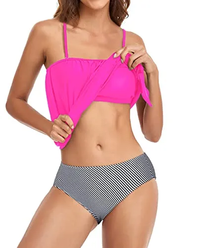 Straight Neckline Bandeau Tankini For Modest Coverage-Hot Pink Stripe
