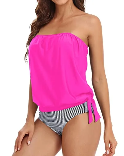 Straight Neckline Bandeau Tankini For Modest Coverage-Hot Pink Stripe