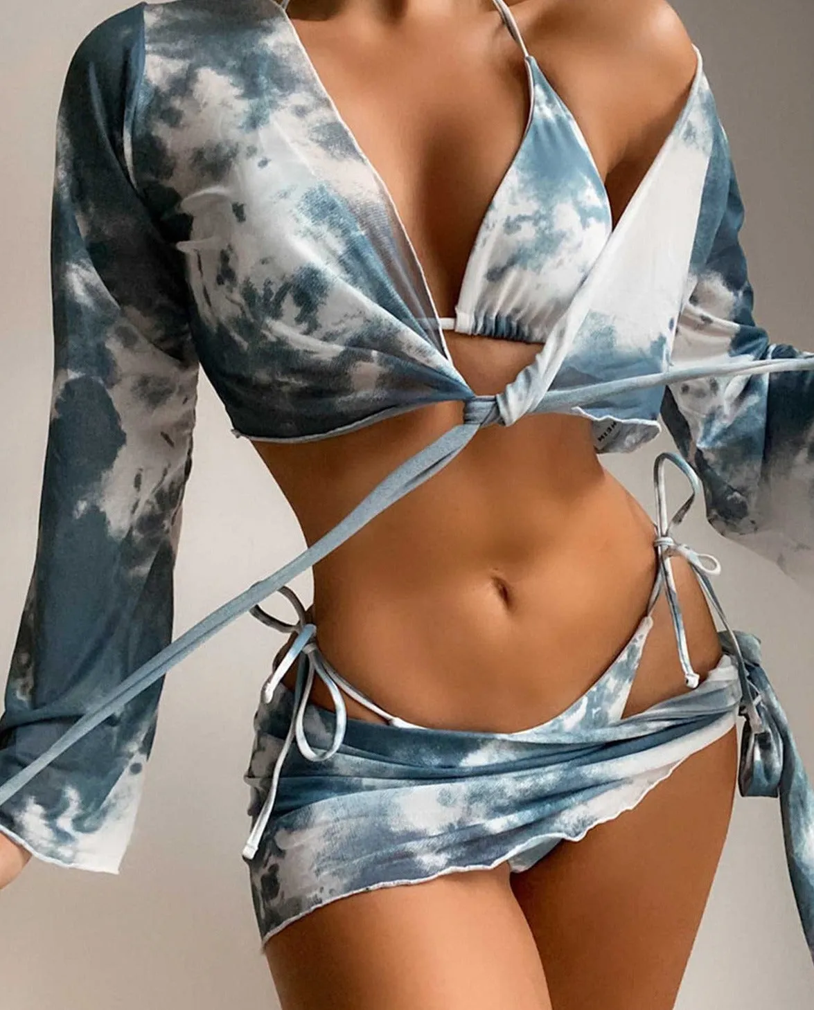 Tie Dye Long Sleeve Bikini Female Swimsuit Women Swimwear Four-pieces Bikini set Sarong Halter Bather Bathing Suit Swim V2921