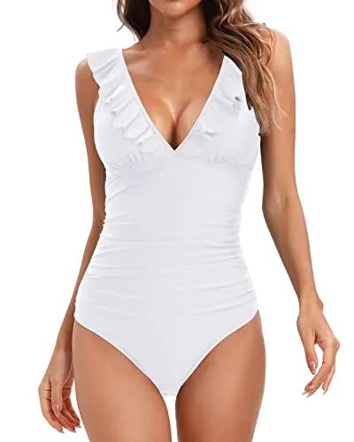 Tummy Control One Piece Swimsuit Ruffled V Neck Bathing Suit for Women
