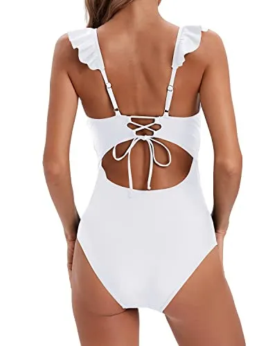 Tummy Control One Piece Swimsuit Ruffled V Neck Bathing Suit for Women